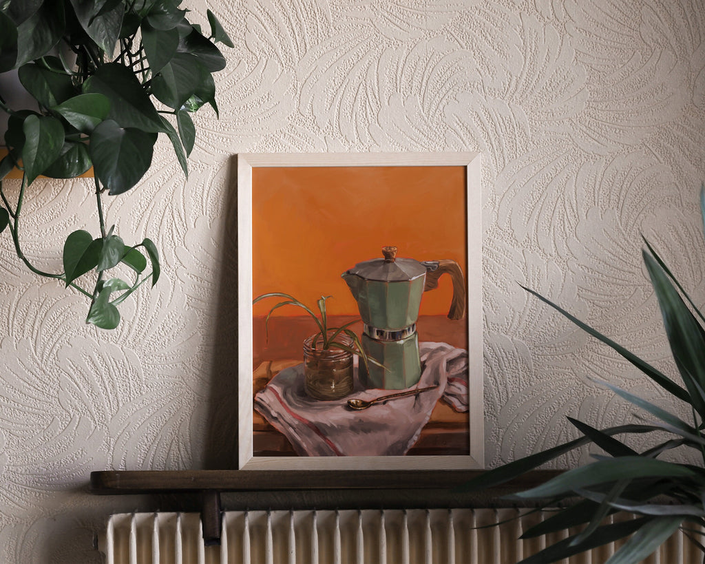 "Moka Pot and Spider Plant" by Catherine Hébert - Moka Pot and Spider Plant Still Life Fine Art Print