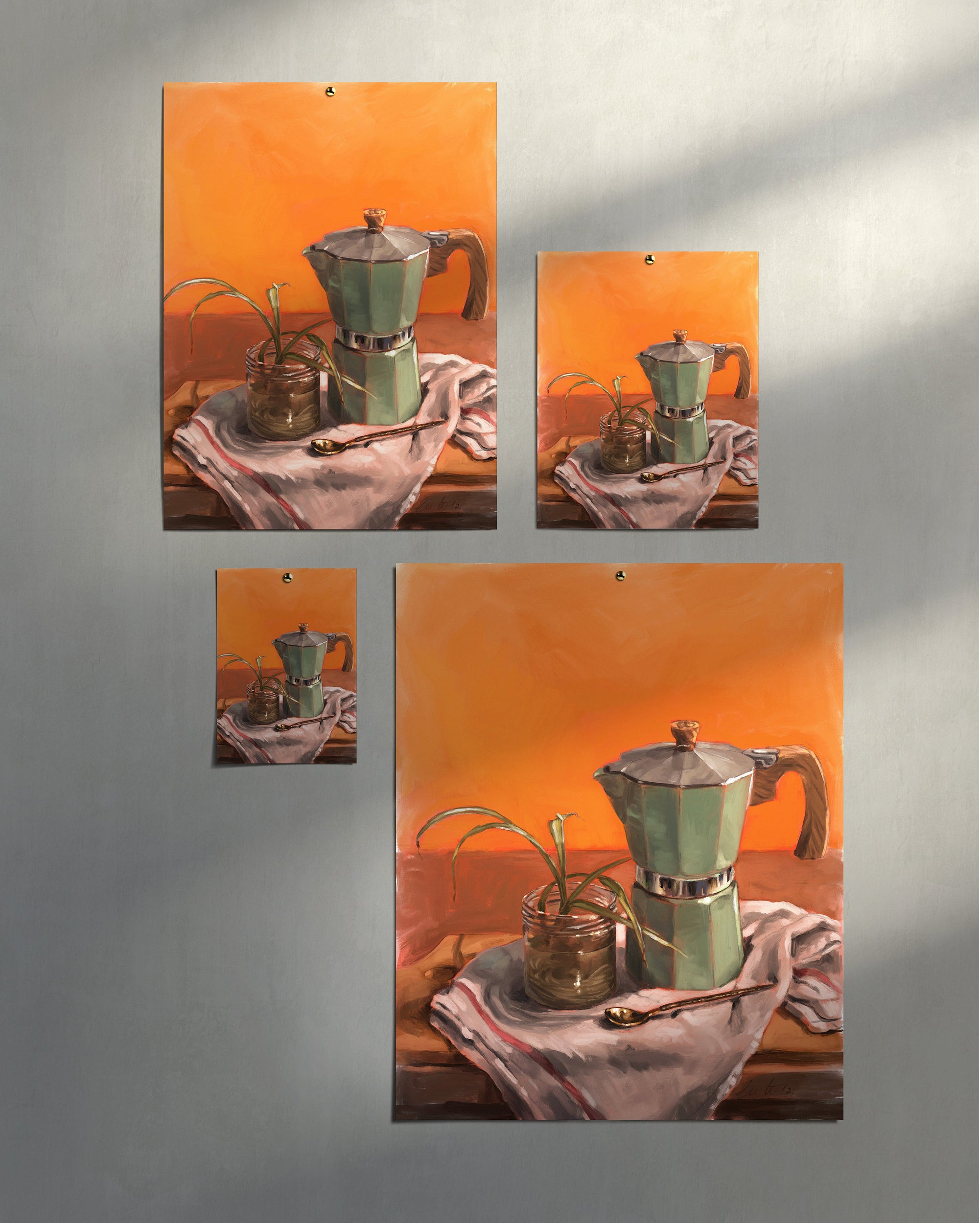 "Moka Pot and Spider Plant" by Catherine Hébert - Moka Pot and Spider Plant Still Life Fine Art Print