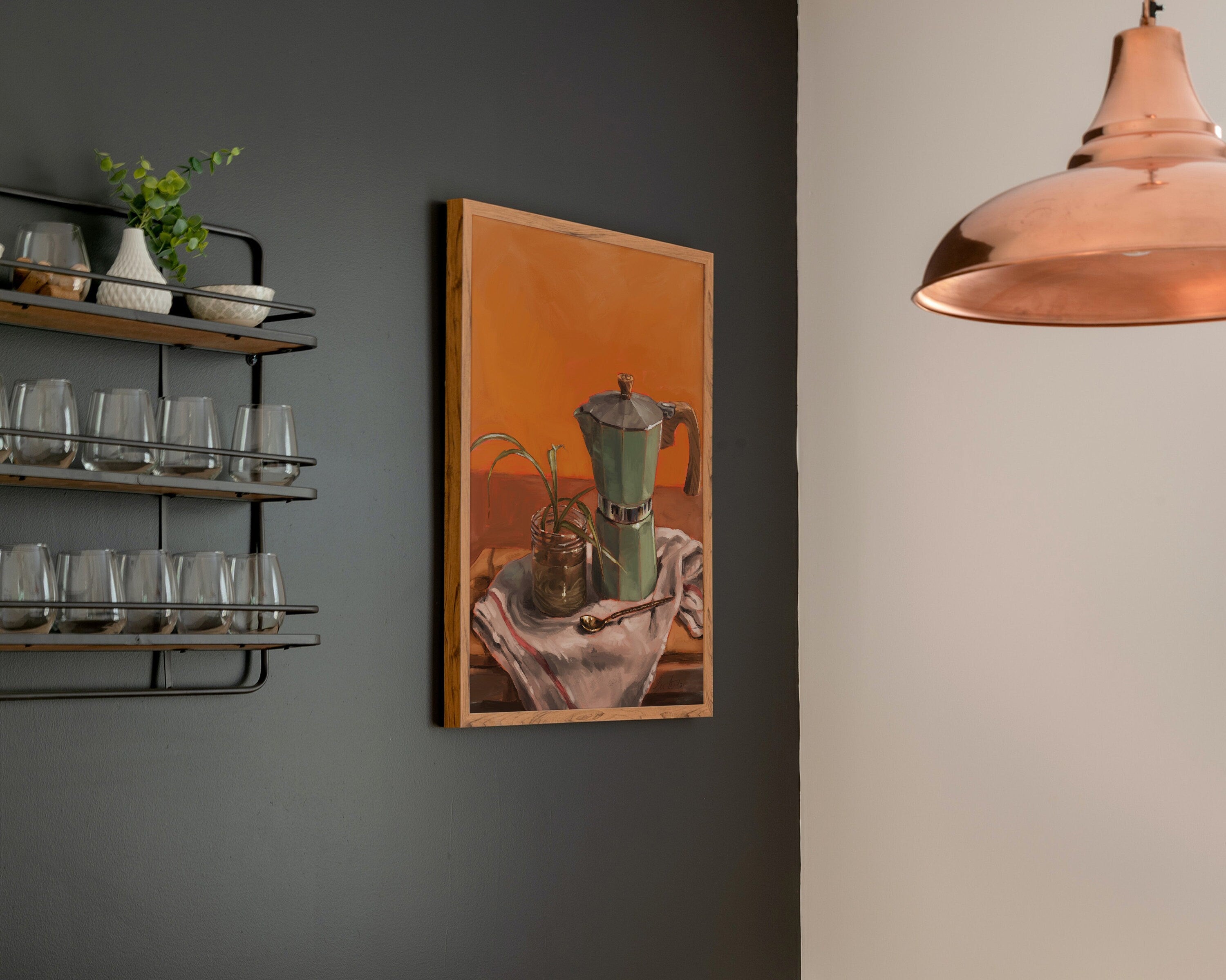 "Moka Pot and Spider Plant" by Catherine Hébert - Moka Pot and Spider Plant Still Life Art Print